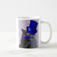 Grey Cat With Blue Top Hat and Moustache