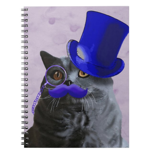Grey Cat With Blue Top Hat and Moustache Notebook (Front)