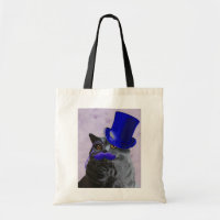 Grey Cat With Blue Top Hat and Moustache