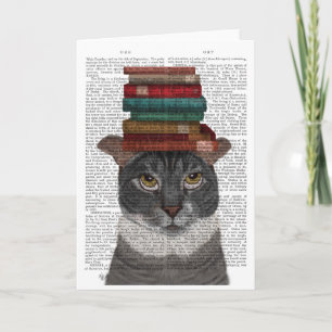 Grey Cat with Books on Head Card