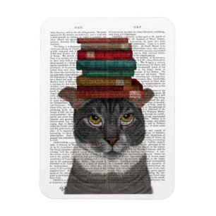 Grey Cat with Books on Head Magnet