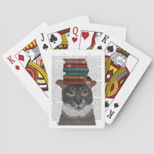 Grey Cat with Books on Head Playing Cards