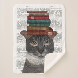 Grey Cat with Books on Head Sherpa Blanket