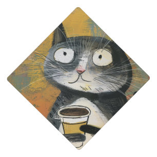 Grey Cat with Coffee on Ochre Graduation Cap Topper