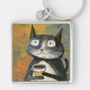 Grey Cat with Coffee on Ochre Keychain