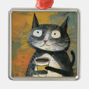 Grey Cat with Coffee on Ochre Metal Ornament