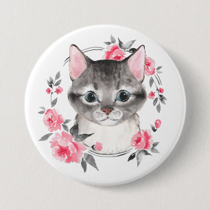 Grey cat with flowers. Watercolor 3 Inch Round Button