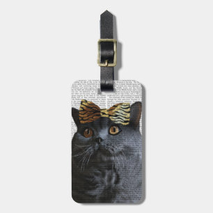 Grey Cat with Leopard Bow Luggage Tag