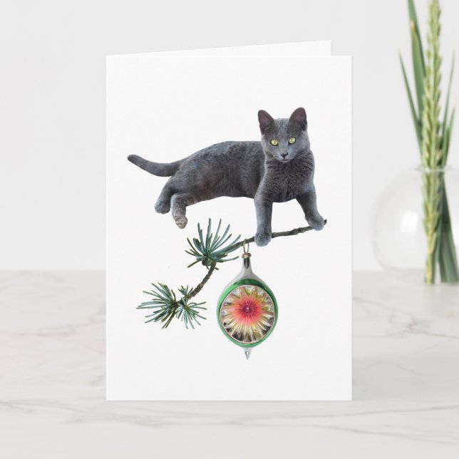 Grey Cat with Ornament Card (Front)