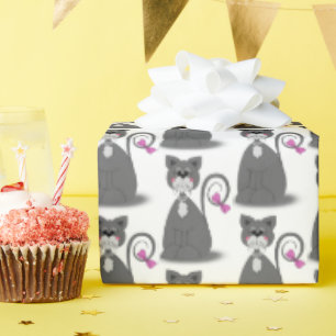 grey cat with pink bow wrapping paper