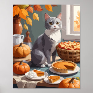 Grey cat with pumpkin pie poster