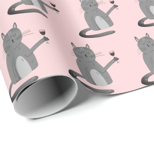 Grey Cat With Red Wine Wrapping Paper (Roll Corner)