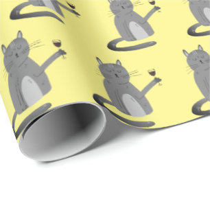 Grey Cat With Red Wine Wrapping Paper