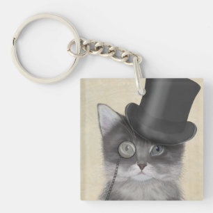 Grey Cat with Top Hat Keychain