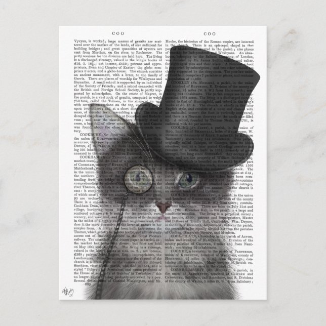 Grey Cat with Top Hat Postcard (Front)