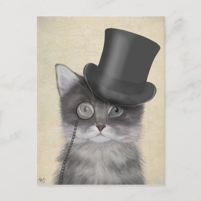 Grey Cat with Top Hat Postcard (Front)