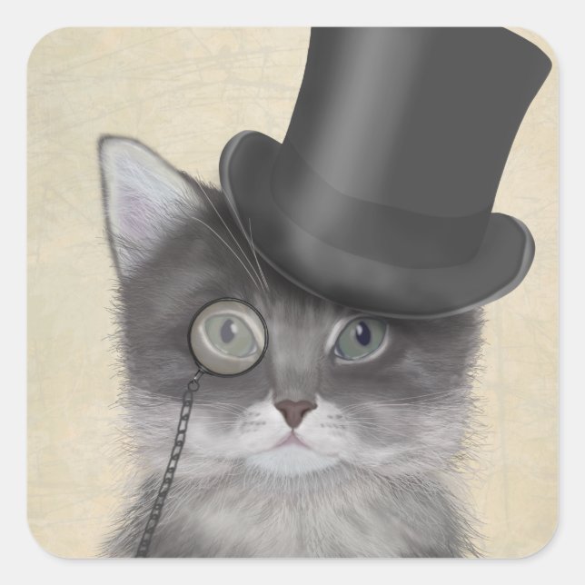 Grey Cat with Top Hat Square Sticker (Front)