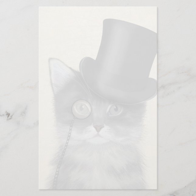 Grey Cat with Top Hat Stationery (Front)