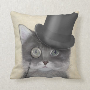 Grey Cat with Top Hat Throw Pillow