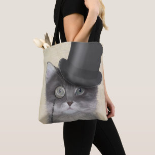 Grey Cat with Top Hat Tote Bag