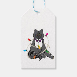 Grey Cat Wrapped In Christmas LIghts Gift Tags