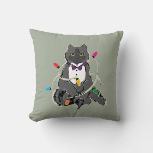 Grey Cat Wrapped In Christmas LIghts Throw Pillow