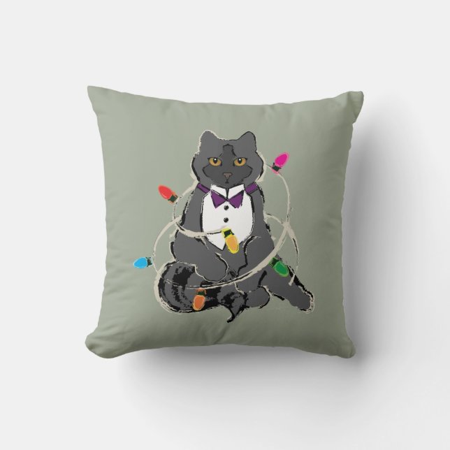 Grey Cat Wrapped In Christmas LIghts Throw Pillow (Front)