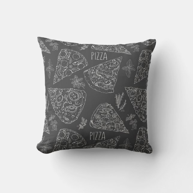 Grey Chalkboard Italian Pizza Slices Herbs Pattern Throw Pillow (Front)