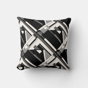 Grey Charcoal Black White Diagonal Geometric Motif Throw Pillow
