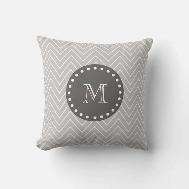 Grey & Charcoal Modern Chevron Custom Monogram Throw Pillow (Front)