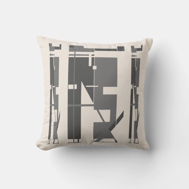 Grey Charcoal on Beige Tribal Art Abstract Motif Throw Pillow (Front)