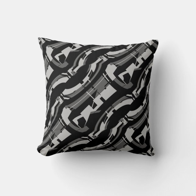Grey Charcoal on Black Diagonal Pattern Abstract Throw Pillow (Front)