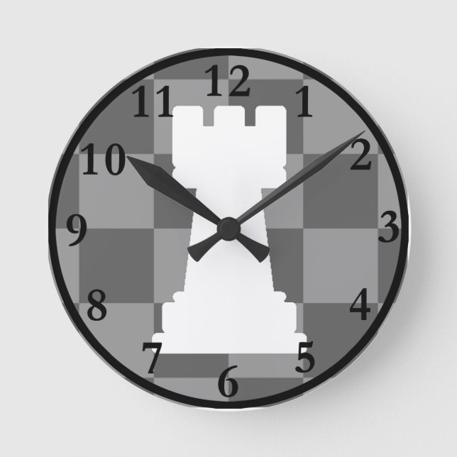 Grey chessboard Rook Round Clock (Front)