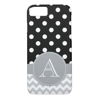 Grey Chevron and Black Polka Dots Custom Monogram iPhone 8/7 Case