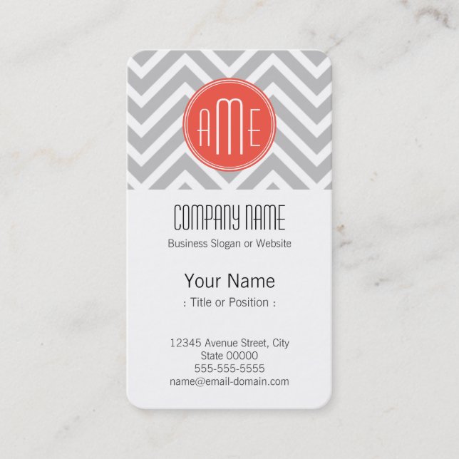 Grey Chevron and Coral Custom Monogram Business Card (Front)