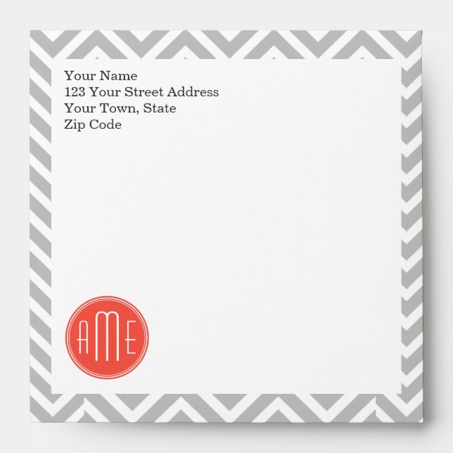 Grey Chevron and Coral Custom Monogram Envelope (Front)