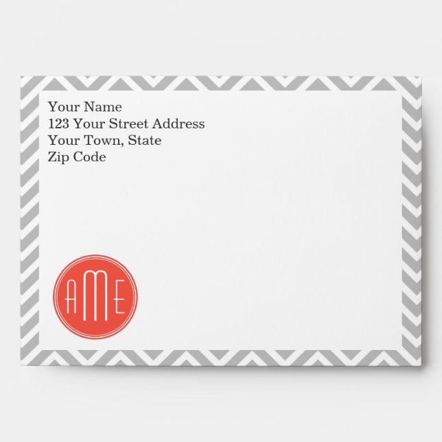 Grey Chevron and Coral Custom Monogram Envelopes (Front)