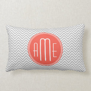 Grey Chevron and Coral Custom Monogram Lumbar Pillow