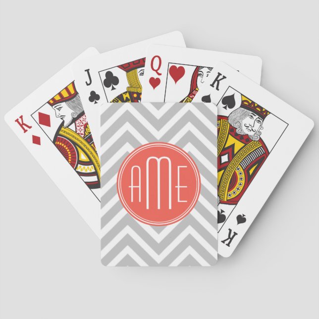 Grey Chevron and Coral Custom Monogram Playing Cards (Back)