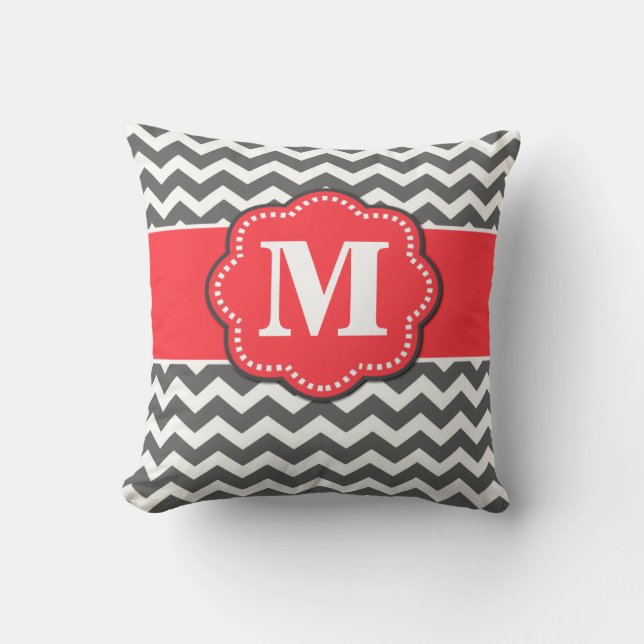 Grey Chevron and Coral Monogram Pillow (Front)
