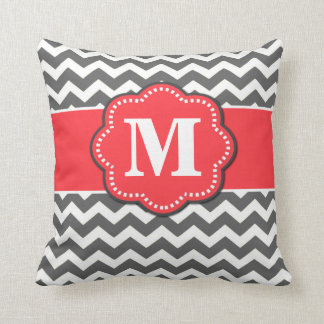 Grey Chevron and Coral Monogram Pillow
