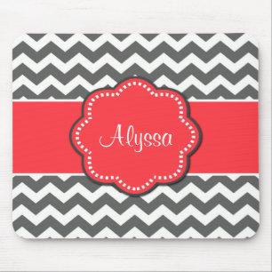 Grey Chevron and Coral Personalized Mousepad
