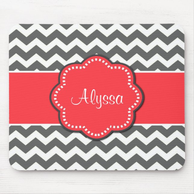 Grey Chevron and Coral Personalized Mousepad (Front)