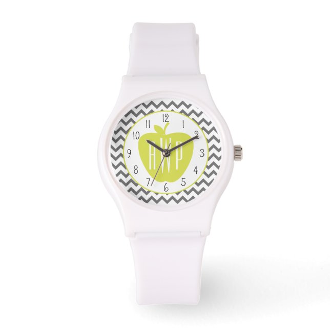 Grey Chevron And Neon Apple Monogram Teacher Watch (Front)