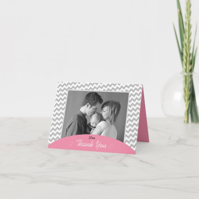 Grey Chevron and Pink Photo Thank You Cards (Front)