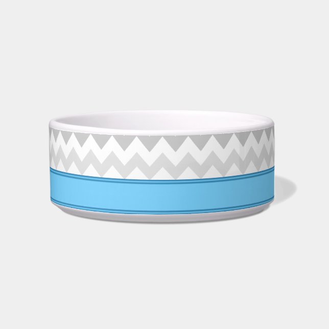 Grey Chevron Blue personalized Cat Bowl (Right)