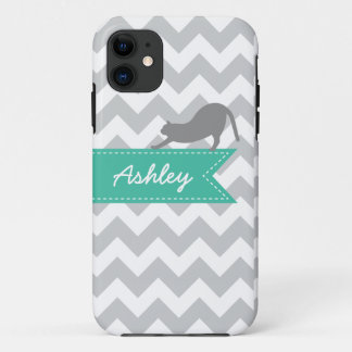 Grey Chevron Cat Turquoise Ribbon Custom Monogram iPhone 11 Case