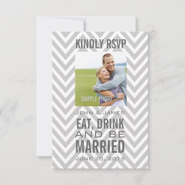 Grey Chevron Eat Drink Be Married Wedding RSVP (Front)