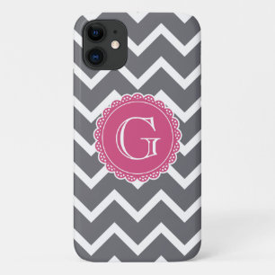 Grey Chevron Floral Pink Monogram Template iPhone 11 Case