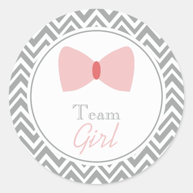 Grey Chevron Gender Reveal Bow Team Girl Classic Round Sticker (Front)